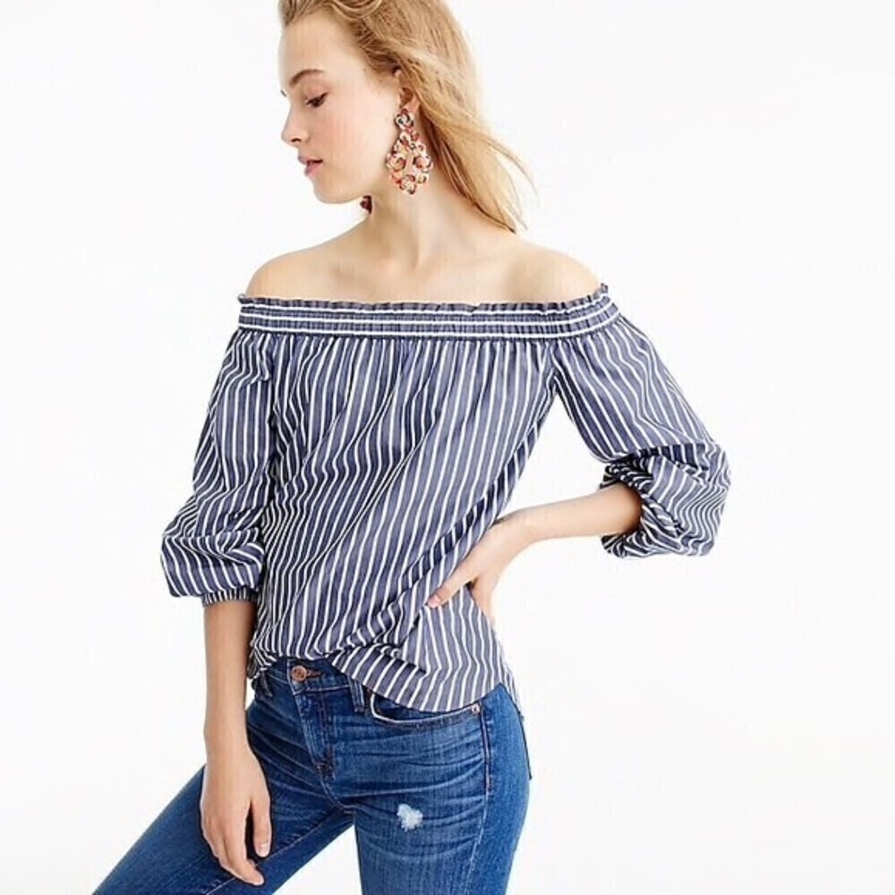 J. Crew Blue White Stripe Off the Shoulder Long Sleeve Top Blouse Size 0